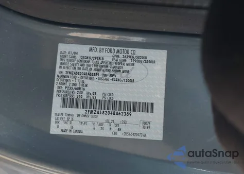 2004 Ford Freestar Limited из США, поврежденный, VIN 2FMZA58204BA62389